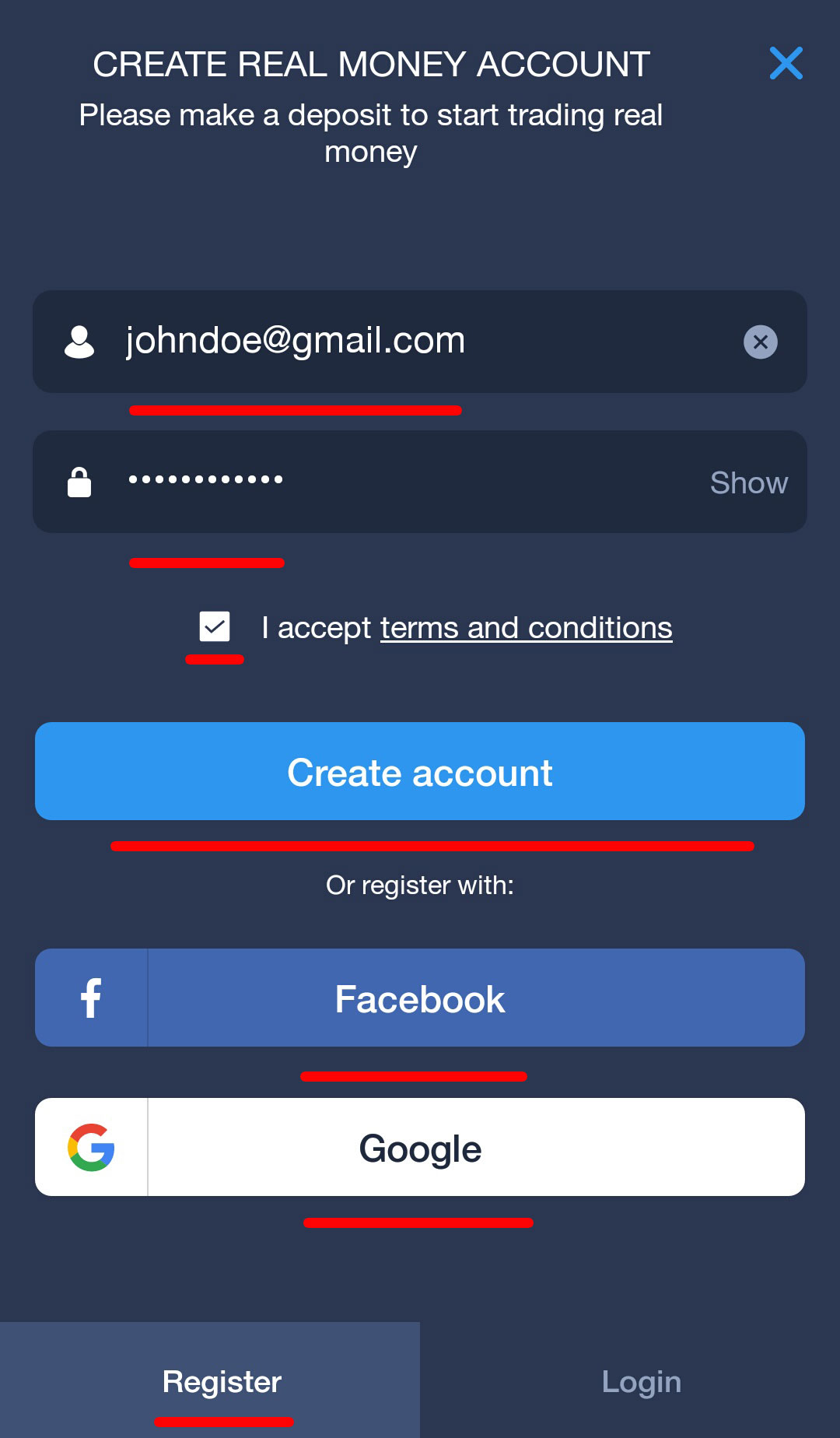 Create an account in the app